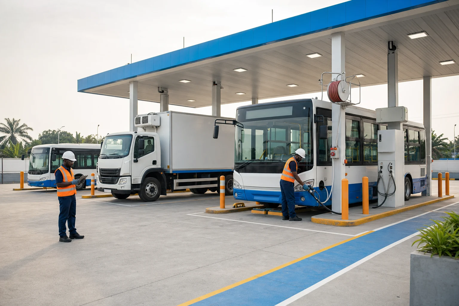 Illustrative buses and trucks refuelling with compressed natural gas