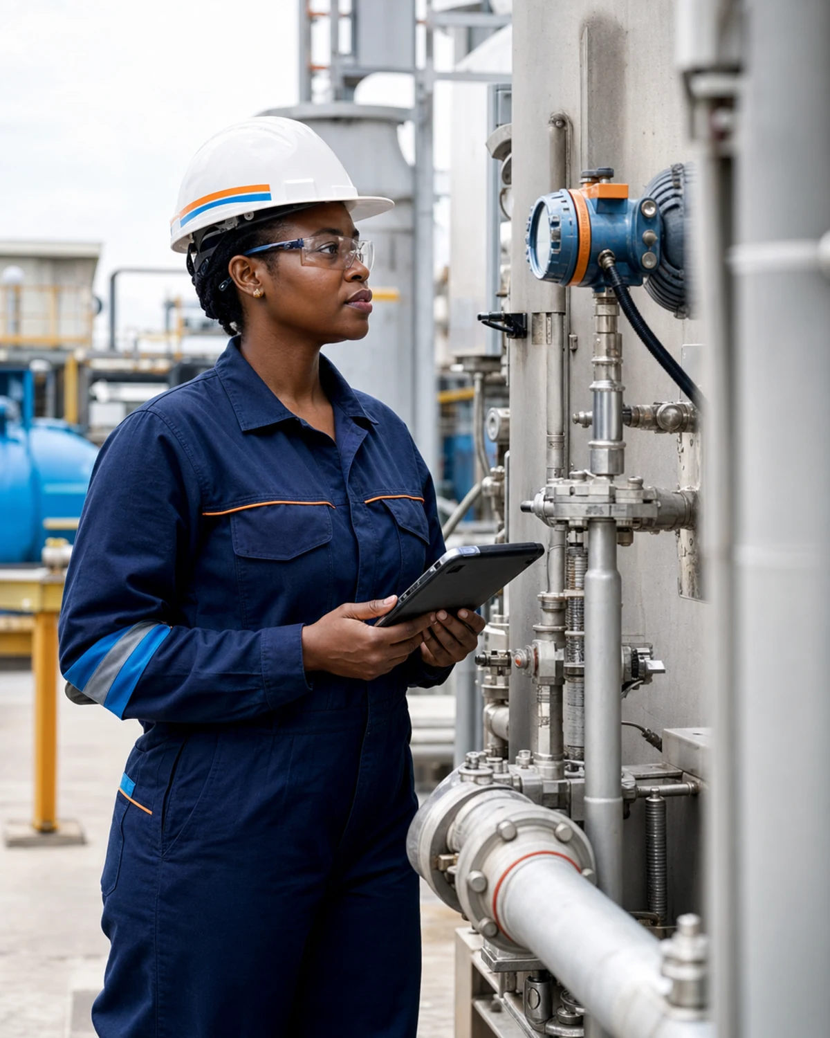 Illustrative process engineer with a tablet checking instrumentation at a gas facility