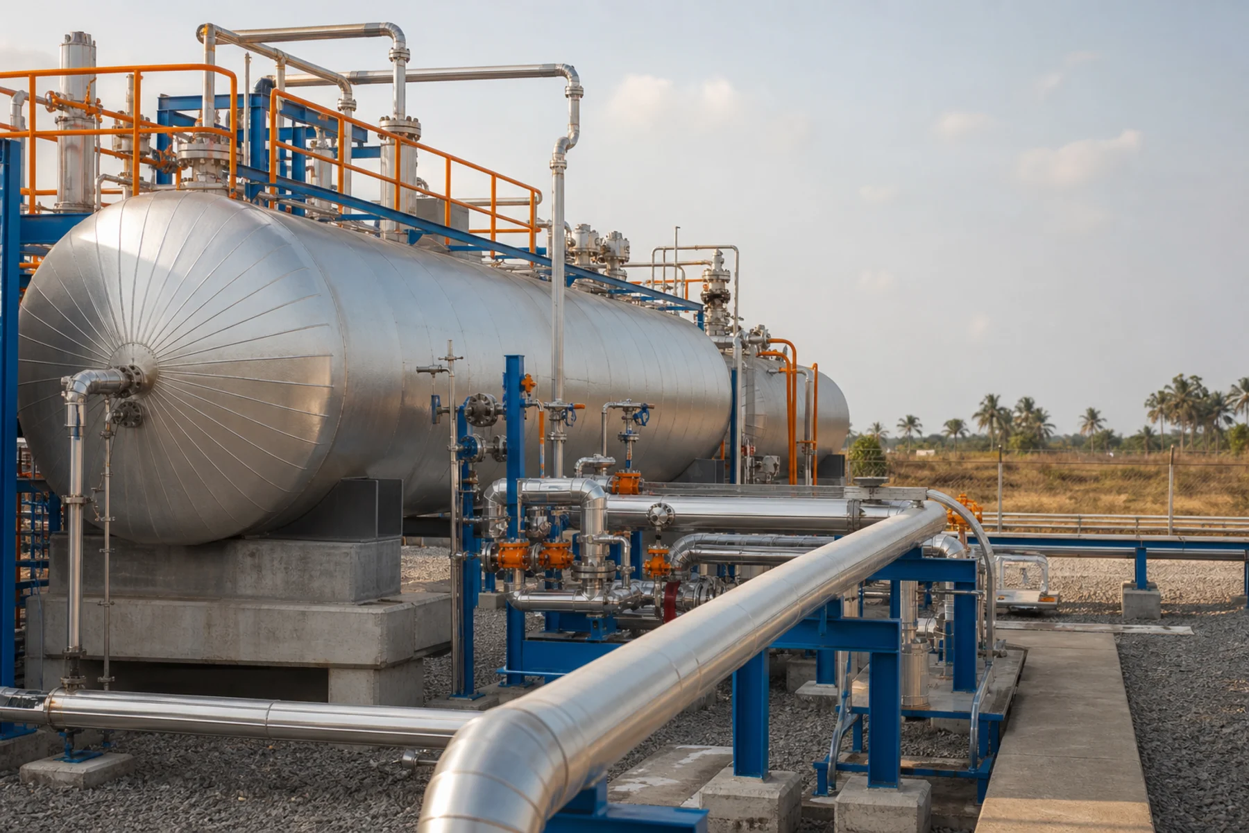 Illustrative cryogenic gas tanks with insulated pipework and access platforms