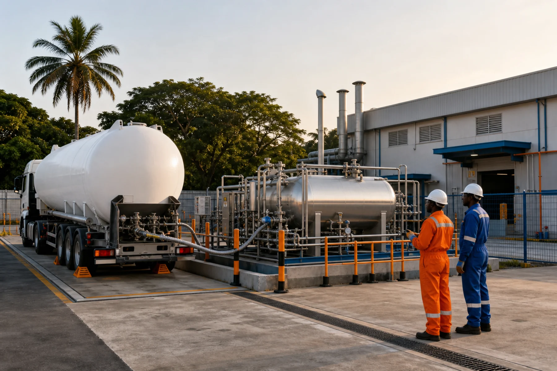 Illustrative natural-gas delivery equipment serving an industrial site at dusk
