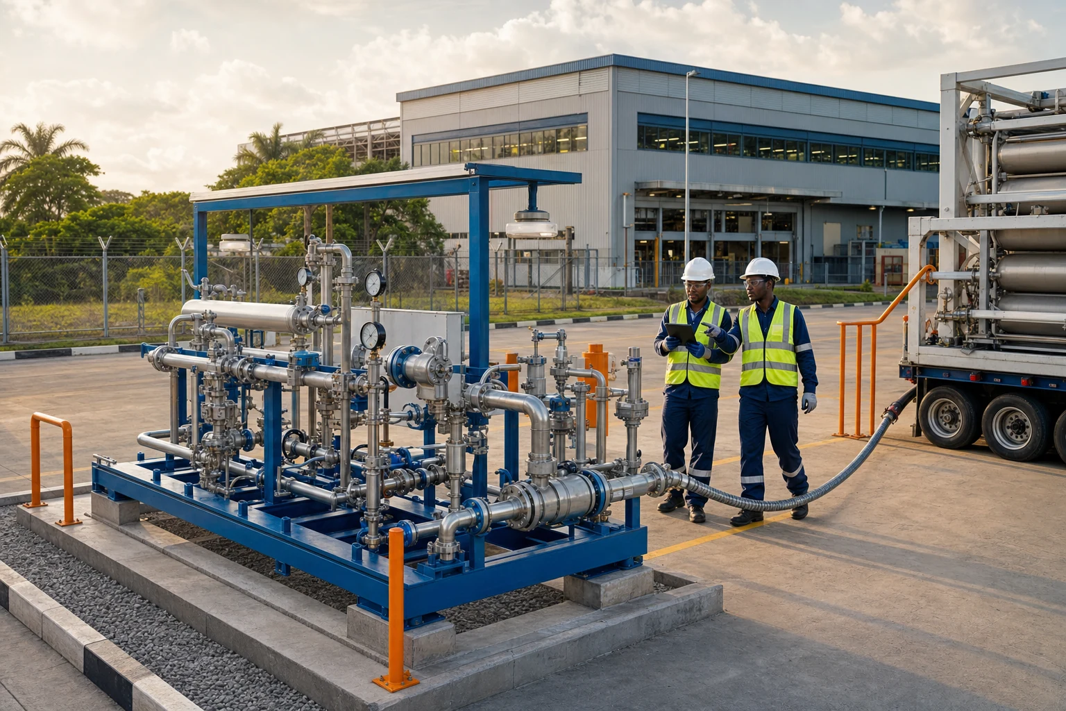 Illustrative gas-supply skid beside a factory building